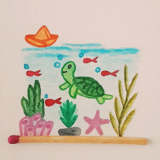A watercolor painting depicting an underwater scene with a green sea turtle, red fish, coral, seaweed, a pink starfish, and an orange boat floating on the surface.