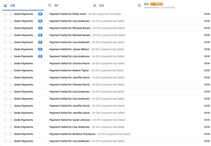 An inbox flooded with dozens of "Payment Failed" notifications from Dodo Payments, showing constant failures for various customers (Emily Clark, Lisa Anderson, Michael Brown, Jennifer Davis, etc.) within just minutes of each other, illustrating the payment system being overwhelmed by an automated attack.