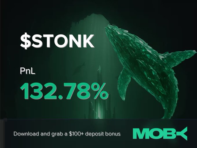 A Moby Mobile promotional image featuring a glowing green whale alongside "$STONK" and a PnL of "132.78%", with a footer promoting a "$100+ deposit bonus." The imagery reinforces the post's announcement of a trader closing a +132.78% profitable position on the STONK token, which has surged from $1.14M to $167.55M market cap on the Moby platform.