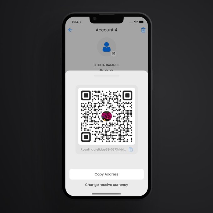 A smartphone screen displaying a Bitcoin account view with a QR code, the address "Rosalindofelidge28-0373@bil...", a "Copy Address" button, and a "Change receive currency" option.
