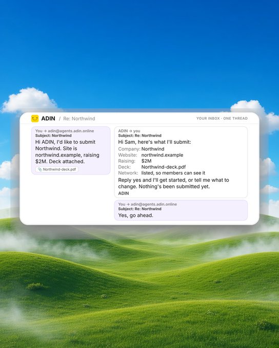 A stylized email-thread interface over a green hills-and-sky background, addressed from “ADIN / Re: Northwind,” discussing a Northwind deck, raising $2M, and files including “Northwind-deck.pdf.”