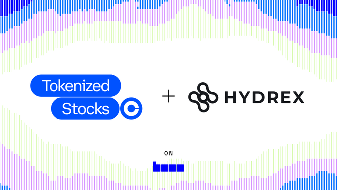A promotional graphic featuring the "Tokenized Stocks" logo next to a plus sign and the "HYDREX" logo, set against a stylized blue and purple audio-wave background with a small "ON" switch graphic, visually announcing the integration of Coinbase's tokenized stocks (NVDAc, METAc, AAPLc, and GOOGLc) with Hydrex's liquidity on the Base network.
