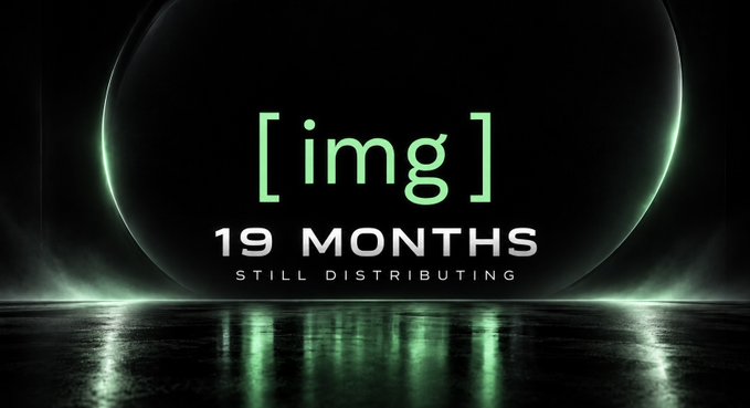 A dark graphic displays '[img]' in green text with '19 MONTHS STILL DISTRIBUTING' below it, set against a reflective surface.