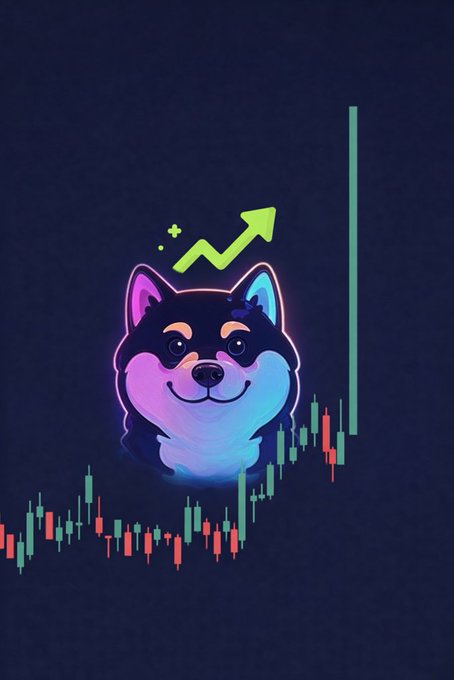 A neon-style illustration of a Shiba Inu dog's head in pink and blue gradients with a green upward arrow and candlestick chart pattern on a dark blue background.
