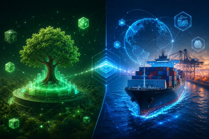 A split digital illustration contrasts a glowing green tree surrounded by blockchain cubes on the left with a large cargo ship, a blue digital globe, and shipping icons on the right.