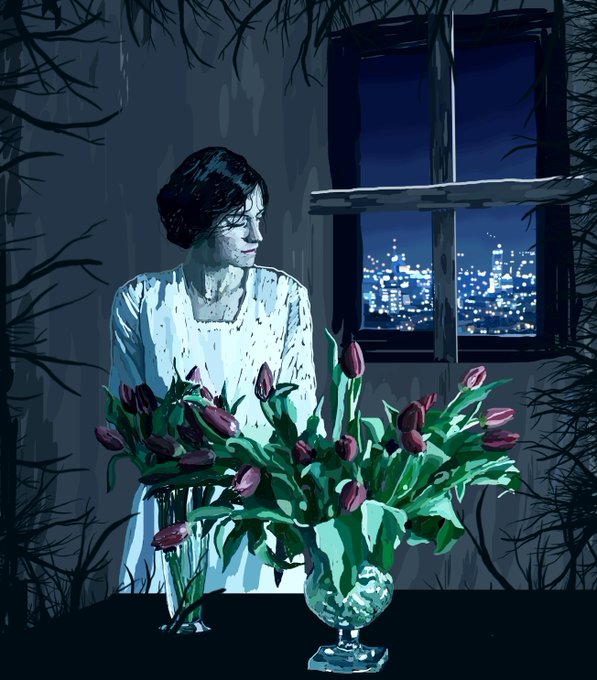 A stylized digital illustration of a dark-haired woman in a white dress standing behind a vase of tulips, gazing out a window at a cityscape at night, rendered in moody blue and green tones.