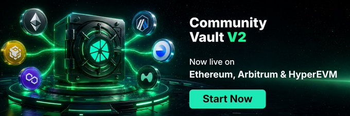 Promotional banner for 'Community Vault V2' now live on Ethereum, Arbitrum & HyperEVM, featuring a futuristic vault door design with glowing green energy and various blockchain network icons.