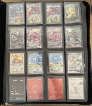 A black binder page displaying 16 Pokémon trading cards arranged in a 4x4 grid, including various creatures like Raichu, Cinderace, and others in card sleeves.