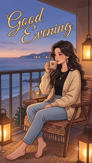 An illustrated scene of a woman with long dark hair sitting on a balcony at dusk, holding a coffee mug, with the text 'Good Evening' displayed and ocean views in the background.