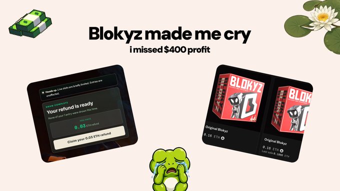 A meme-style graphic reading 'Blokyz made me cry / i missed $400 profit' showing a screen claiming 'Your refund is ready' for 0.03 ETH, alongside Blokyz NFT listings priced at 0.16 ETH, accompanied by crying Pepe and pixel frog emotes.