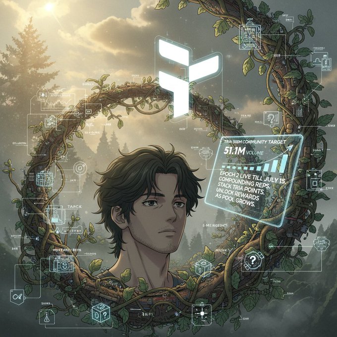 The image features an illustration of a man with dark hair wearing glasses, who appears to be looking up at something above him. The background consists of trees and foliage, creating a natural setting for the scene. In the center of this image, there is a large circle containing various icons related to social media platforms such as Twitter, Instagram, and Facebook. These icons represent different aspects of online behavior or trends that are currently popular among users. The man in the illustration seems to be contemplating these trends or perhaps pondering over his own online presence within them.
