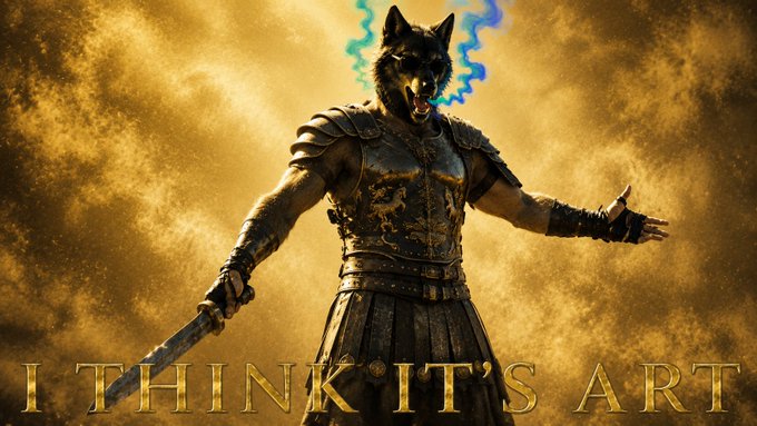 A cinematic image of an armored warrior wearing a wolf head helmet with glowing blue energy emanating from it, set against a dramatic cloudy golden sky, with the text 'I THINK IT'S ART' across the bottom.