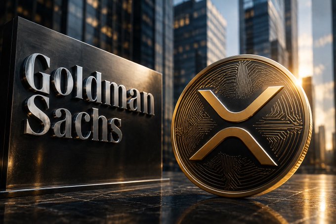 A sleek black "Goldman Sachs" sign stands beside a large gold XRP coin, set against a backdrop of towering skyscrapers bathed in sunlight—visually echoing the breaking news that Goldman Sachs disclosed an $86.5M position across five XRP ETFs in its Q2 13F filing after exiting in Q1.