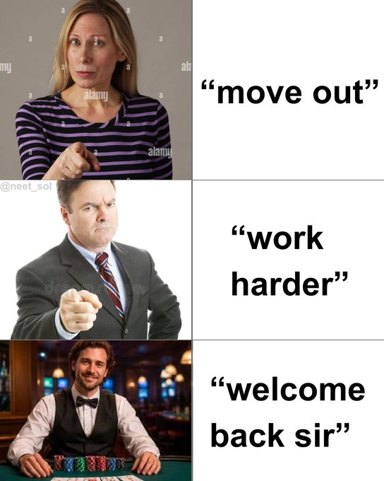 A three-panel meme showing different people pointing fingers with text labels "move out", "work harder", and "welcome back sir".