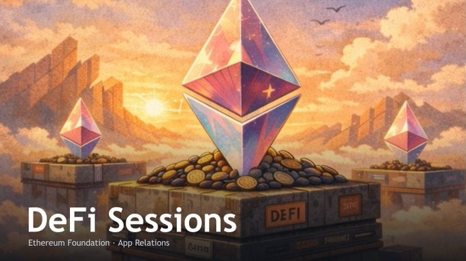 The image features a digital illustration of three gemstones, each with a different color - pink, purple, and blue. These gemstones are placed atop stacks of books, creating an interesting visual composition. The background of the image depicts a sunset over mountains, adding depth and context to the scene. The text "DEFI SESSIONS" is prominently displayed in the image, indicating that this is related to the Ethereum Foundation's Defi Sessions app.