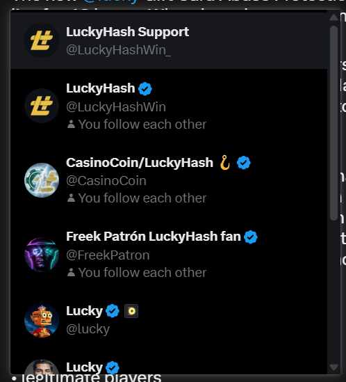 The image shows a list of suggested/related Twitter accounts featuring "LuckyHash Support" (@LuckyHashWin_), "LuckyHash" (@LuckyHashWin), "CasinoCoin/LuckyHash" (@CasinoCoin), "Freek Patrón LuckyHash fan" (@FreekPatron), and "Lucky" (@lucky), all marked with "You follow each other."

This directly illustrates the user's complaint—by following the legitimate @LuckyHashWin account, the algorithm is placing a suspicious-looking "Support" impersonator (@LuckyHashWin_) at the top of suggestions, highlighting how Twitter's platform fails to distinguish genuine affiliated accounts from potential imposters.
