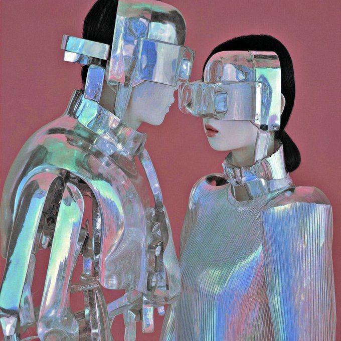 Two fashion models wearing futuristic iridescent silver holographic outfits and matching visor headpieces, posed closely together against a pink background.