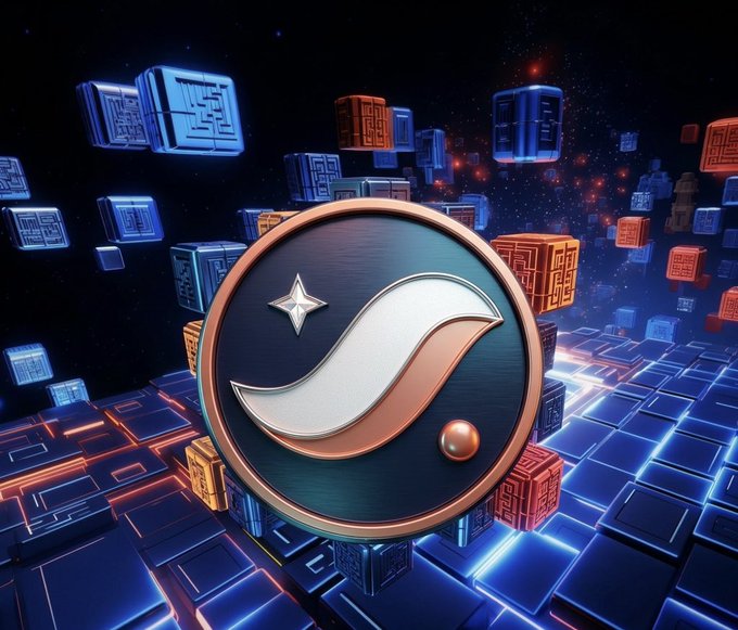A digital illustration featuring a glowing circular emblem with a stylized 'S' logo and a star, surrounded by floating neon-lit cubes in a futuristic space setting.
