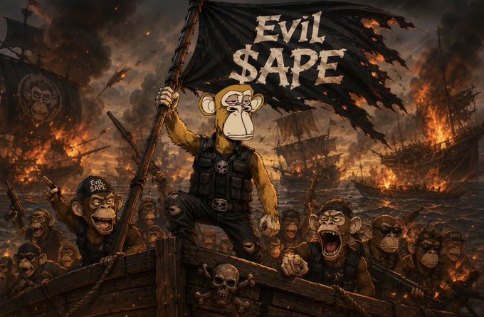 The image depicts a group of monkeys on a pirate ship, expressing aggression and holding aboard a black flag with the phrase "EVIL $APE" in white text. This flag suggests a symbol of a competitive or contentious group, possibly in the context of cryptocurrency, as the post references a sentiment about daily gifts followed by a typical ticker or address related to cryptocurrencies. The term "EVIL $APE" might refer to a specific NFT collection or a digital entity within the blockchain community, tying the image to the broader theme of digital assets and online culture.