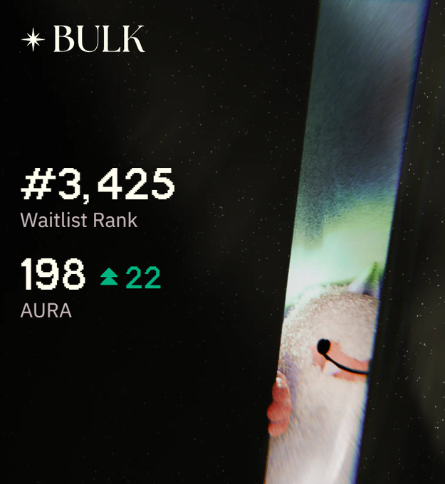 A 'BULK' app screenshot displaying a waitlist rank of #3,425 and 198 AURA (up 22), with a partially visible cartoon character peeking from the right side.
