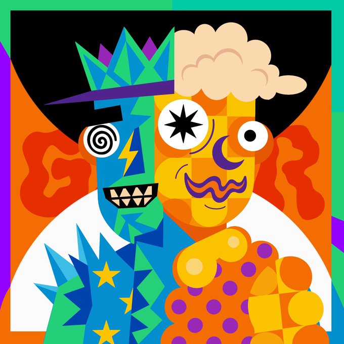 A vibrant, surreal abstract illustration features a split face—one half teal with a spiral eye and jagged teeth, the other half orange with a star eye—surrounded by colorful geometric and organic shapes.
