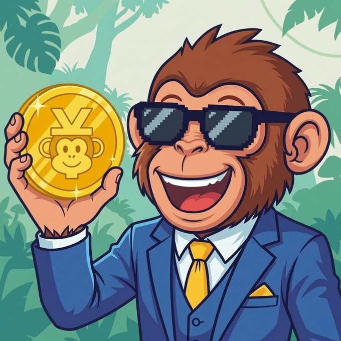 A cartoon-style illustration of a smiling monkey wearing a blue suit, yellow tie, and pixelated sunglasses, holding up a large gold coin featuring a monkey face design.