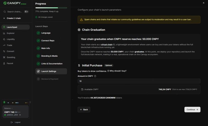 A screenshot of the Canopy Protocol launchpad interface showing the 'Chain Graduation' configuration page, indicating the chain will launch once 50,000 CNPY reserves are reached, with an optional initial purchase of 10 CNPY.