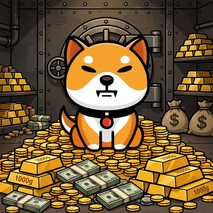 A cartoon Shiba Inu dog sits inside a bank vault surrounded by piles of gold bars labeled "1000g," stacks of cash, and money bags marked with dollar signs, perfectly illustrating the "Babyshib secured the bag" caption by depicting the mascot hoarding massive wealth.