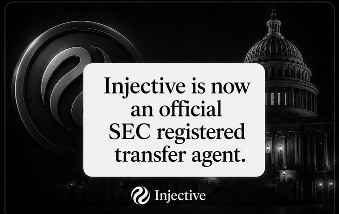 A promotional graphic stating 'Injective is now an official SEC registered transfer agent' with the Injective logo and the U.S. Capitol building in the background.