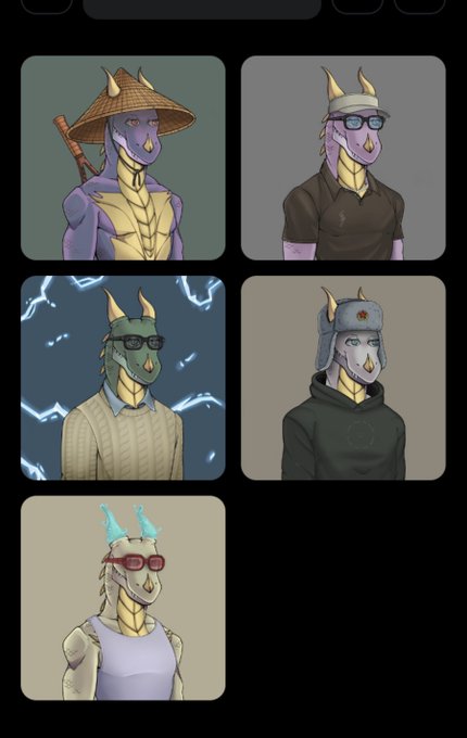 A grid of five anthropomorphic dragon character portraits wearing various outfits including a straw hat, polo shirt, sweater with sunglasses, hoodie, and a tank top.