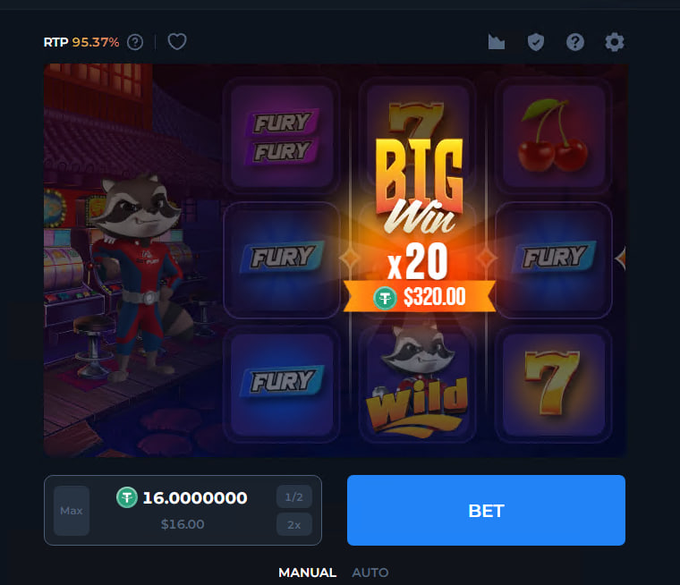 A screenshot of the "Fury Wild" online slot game showing a "BIG WIN x20" worth $320.00, with the 95.37% RTP prominently displayed at the top. The game features a raccoon character in a red superhero outfit alongside symbols like cherries, "7"s, and "FURY" labels, matching the post's praise for Betfury's high-RTP original casino game.