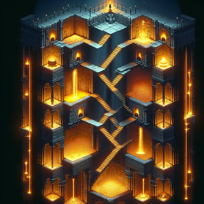 An isometric pixel art rendering of a multi-level stone dungeon illuminated by glowing lava pools, torches, and cascading streams of molten gold descending through its chambers.
