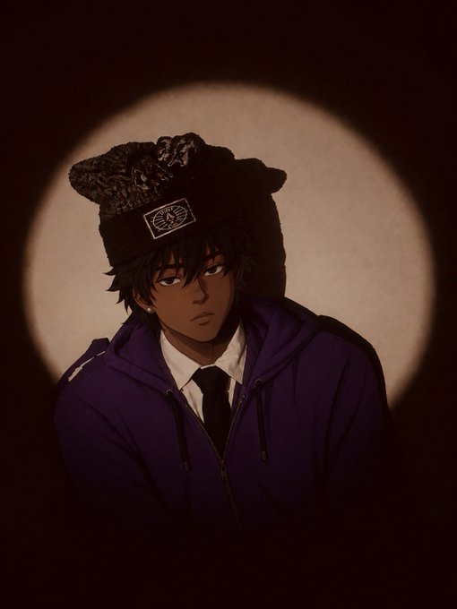 An anime-style illustration of a character with dark hair wearing a fuzzy bear hat, a purple hoodie, and a tie, set against a dark background with a circular spotlight.