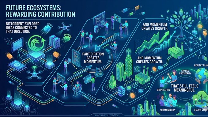 The image features a large, colorful map of a city with various buildings and people depicted throughout the scene. The map is filled with different colors representing different aspects of the city's infrastructure and population. The text above the map reads "I think future ecosystems may reward contribution more than ever before. BitTorrent explored ideas connected to that direction. Participation creates momentum that creates growth. That still feels meaningful." This statement connects the concept of a thriving ecosystem, represented by the colorful map, with the idea of rewarding contributions in the form of momentum and growth. The image effectively conveys this message through its visual representation.