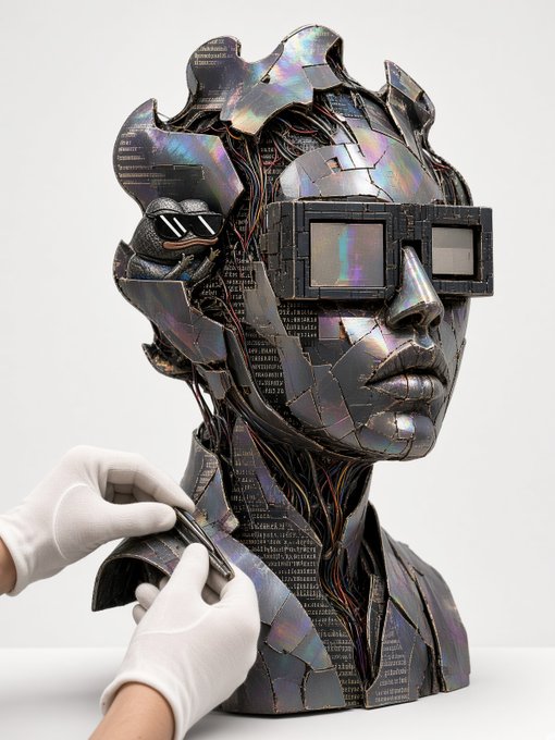 An intricate sculptural bust of a futuristic cybernetic figure made from broken CD/DVD fragments with iridescent surfaces, featuring pixelated sunglasses and being handled by gloved hands.