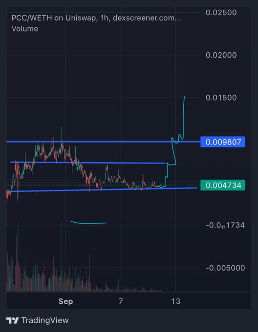 A TradingView chart shows PCC/WETH on Uniswap (1h timeframe, via dexscreener.com), depicting a recent sharp breakout above the $0.009807 resistance level toward $0.02500, following a period of consolidation around the $0.004734 support. The price action visually supports the bullish post, illustrating the post's claim that PCC has bounced from its initial correction and is entering a new leg up.