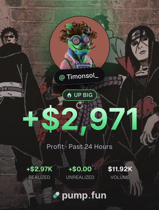 A pump.fun profile screenshot for '@Timonsol_' showing a profit of '+$2,971' in the past 24 hours, with a profile picture featuring an animated character over an anime-style background.