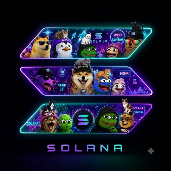 A vibrant neon-style graphic with various crypto meme characters (cats, dogs, Pepe) in three glowing panels, labeled 'SOLANA' and featuring slang like 'wen Lambo?', 'NGMI', 'HODL', and 'SOLANA SEASON'.