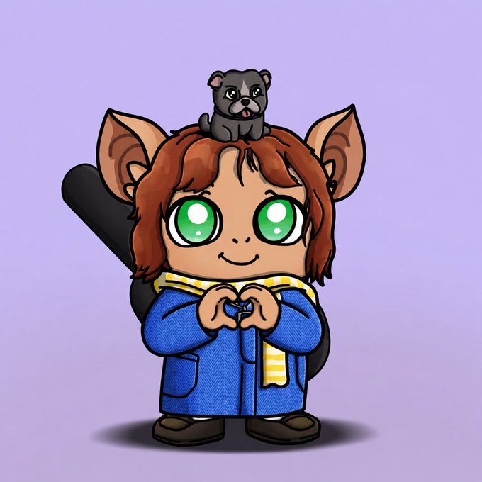 A chibi-style cartoon illustration of a character with large green eyes, reddish-brown hair, and animal-like ears, wearing a blue coat and yellow scarf, with a small black puppy sitting on their head.