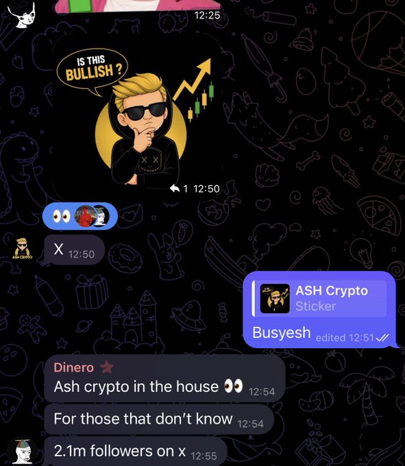 A Telegram chat screenshot showing a message about "ASH Crypto" with the username "Busyesh", mentioning "2.1m followers on x" and an avatar asking "IS THIS BULLISH?" alongside crypto market charts.