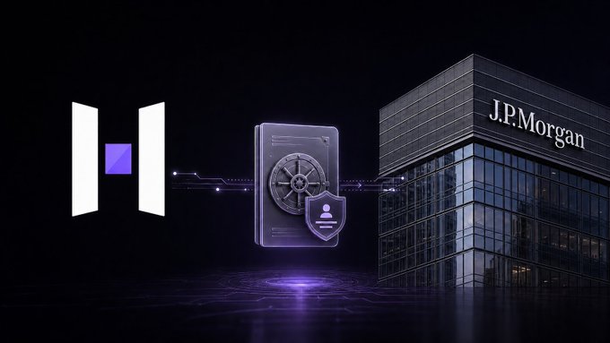 The image shows a JPMorgan building on the right, connected by a digital circuit pathway to a purple vault/safe with a user security shield icon in the center, symbolizing secure client money storage. This visual represents HashKey Exchange's newly approved client money account with JPMorgan, highlighting the secure financial partnership between the cryptocurrency exchange and the major bank.