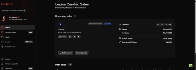 A dark-themed web dashboard titled 'LEGION Curated Sales' shows an upcoming token sale for 'Jumper' with a hard cap of $3,000,000, opens in 11 hours, 33 minutes, and 5 seconds.