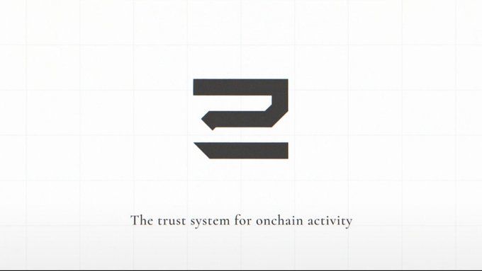 A minimalist logo design on a white grid background with the tagline 'The trust system for onchain activity' beneath a stylized dark gray geometric 'D' symbol.