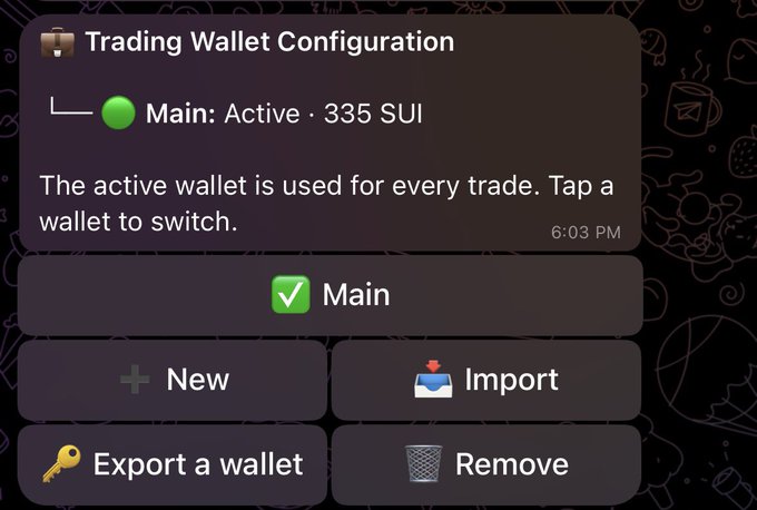 A "Trading Wallet Configuration" screen displays a Main wallet marked Active with a balance of 335 SUI, alongside options to New, Import, Export a wallet, or Remove, visually confirming the post's reference to holding 335 $SUI.