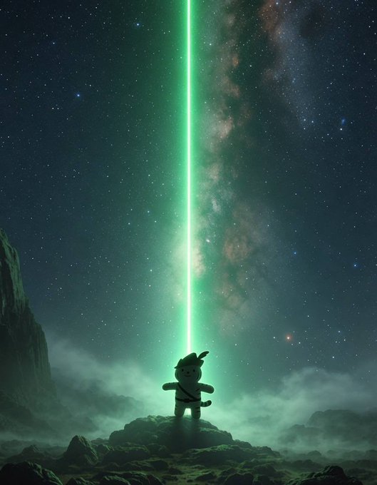 A small plush toy figure standing on a rocky outcrop, gazing up at a vertical green laser beam cutting through a starry night sky filled with the Milky Way.