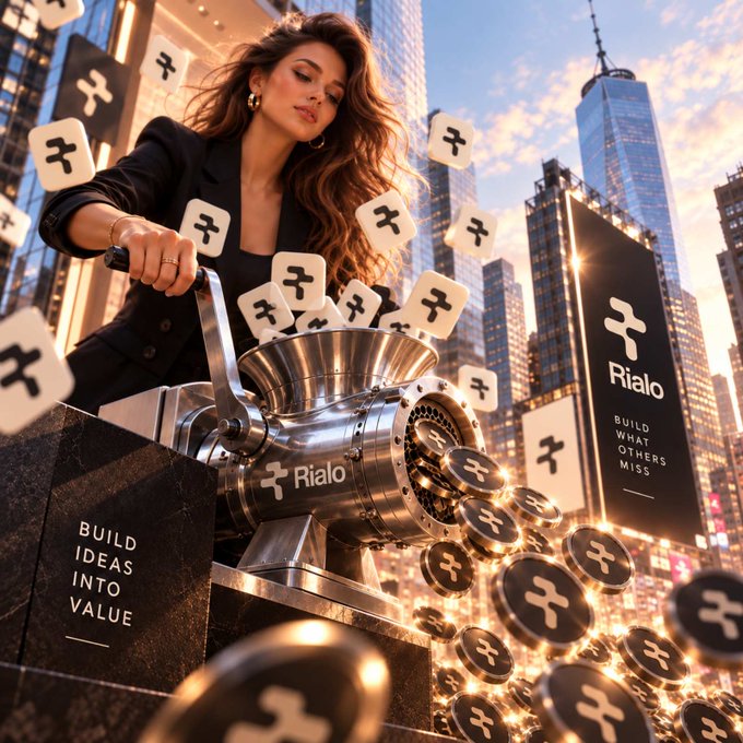 A glamorous promotional advertisement for "Rialo" featuring a woman in a black blazer operating a vintage grinder, set against a city skyline, with coins bearing the Rialo logo and the slogans "BUILD WHAT OTHERS MISS" and "BUILD IDEAS INTO VALUE".