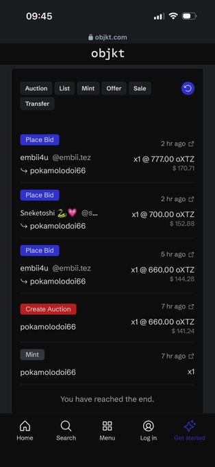 A mobile screenshot of the objkt.com NFT marketplace showing a transaction list with Place Bid actions in XTZ from users like embii4u, Sneketoshi, and pokamoldoi66.