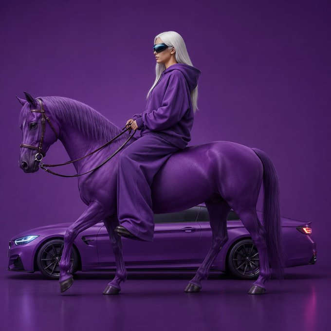 A stylized image of a white-haired woman in a purple tracksuit and sunglasses riding a purple horse, posed in front of a matching purple sports car.