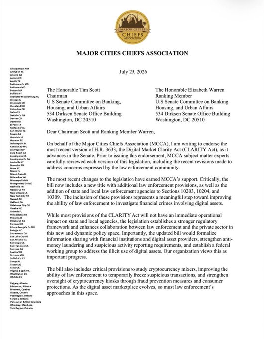 A letter dated July 29, 2026, from the Major Cities Chiefs Association (MCCA) addressed to Senators Tim Scott and Elizabeth Warren, endorsing the Digital Market Clarity Act (H.R. 3633, the CLARITY Act) and highlighting its provisions to help law enforcement investigate digital asset-related crimes.