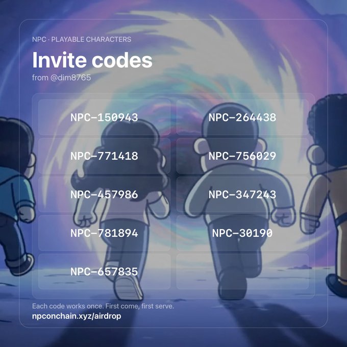 An "Invite codes" graphic for "NPC · PLAYABLE CHARACTERS" from @dim8765 displays multiple codes in the format "NPC-XXXXX" over an illustration of cartoon characters walking into a colorful portal, with the link npconchain.xyz/airdrop at the bottom.